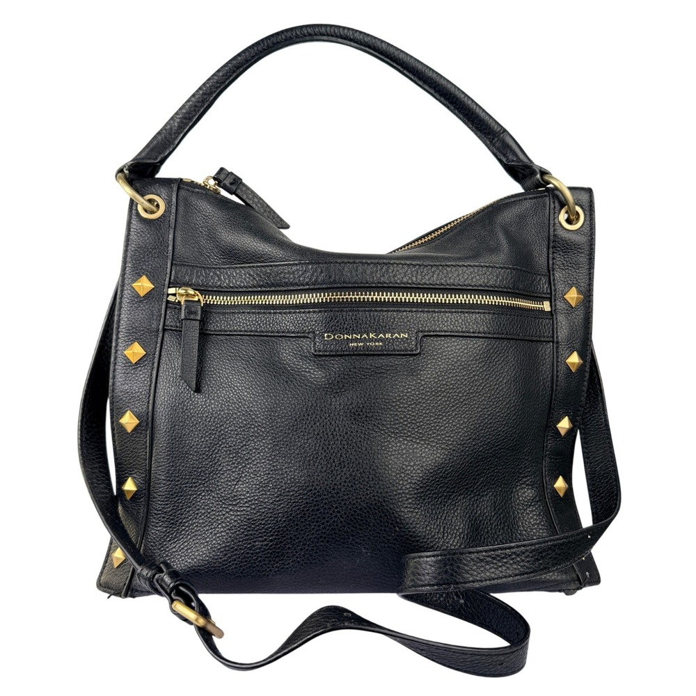 Donna Karan New York Black Leather Studded Hobo Bag Crossbody Purse